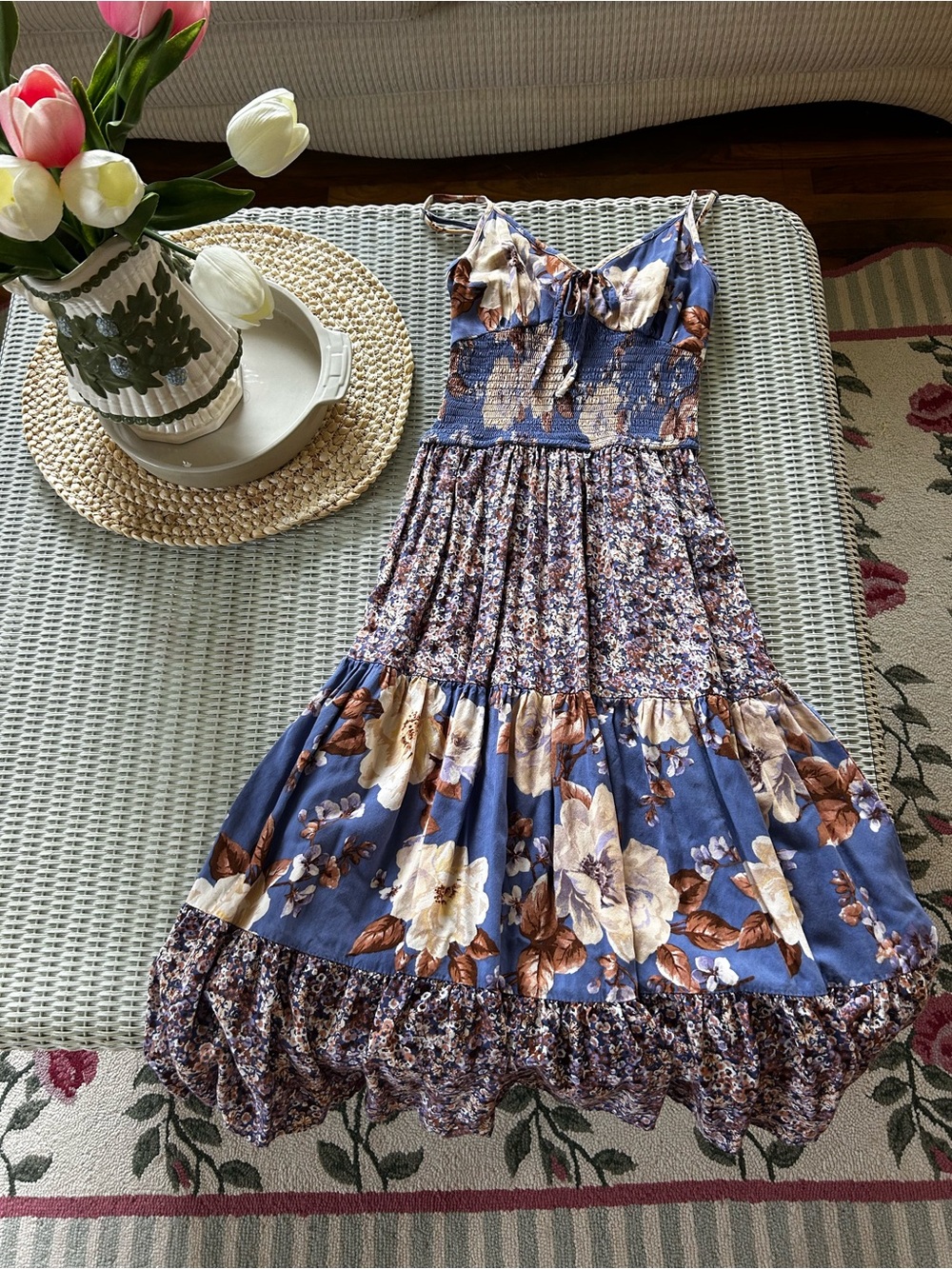 Blue Floral Smocked Midi Dress with Tiered Skirt